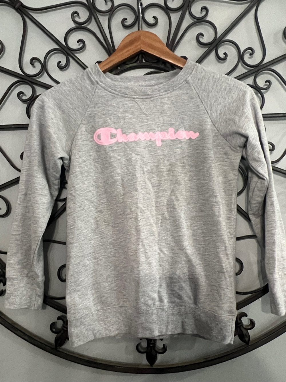 Champion Gray Kids Sweatshirt with Pink Script Logo